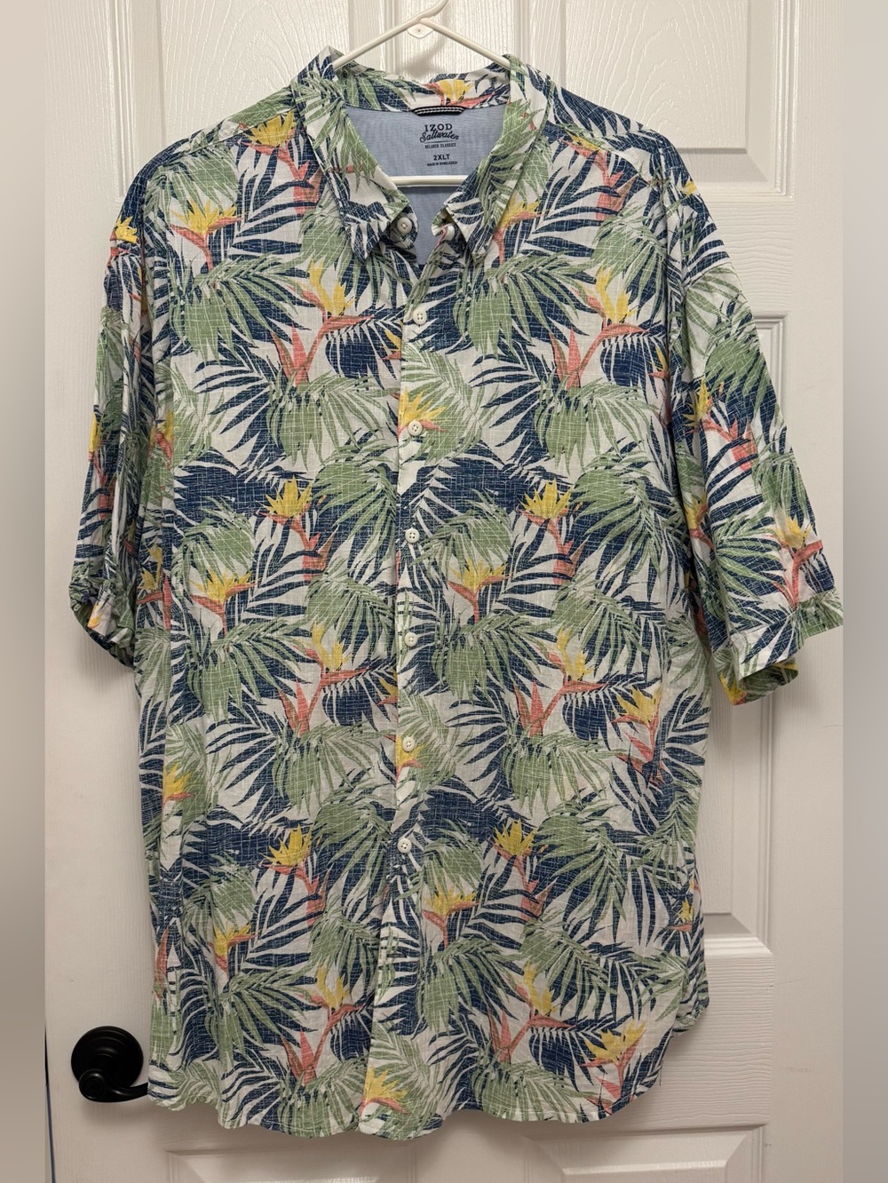 Izod Men's Green and Navy Tropical Button-Down Shirt with Yellow Accents